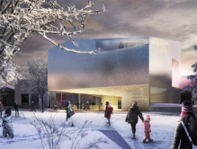 Akershus kunstsenter har fått støtte til nybygg. Illustrasjonstegning fra parken. Foto: Hauge/Zohar arkitekter AS