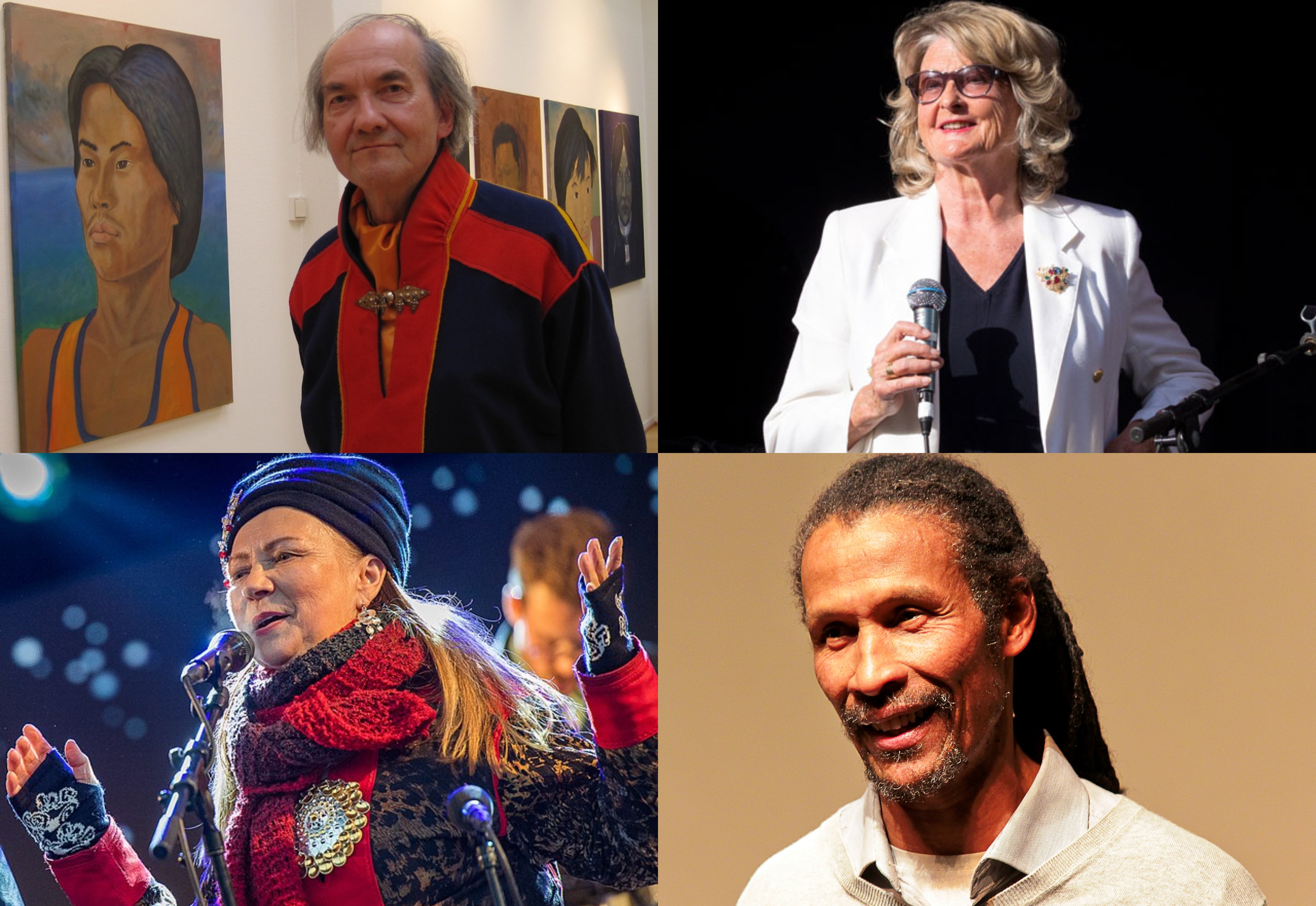 Hans Ragnar Mathisen / Elle-Hánsa, Karin Krog, Mari Boine og Cliff Moustache er blant tidlegare mottakarar av Kulturrådets ærespris. Foto: Privat /  Erik Paus / Riddu Riđđu Festivàla / Nasibu Mwanukuzi